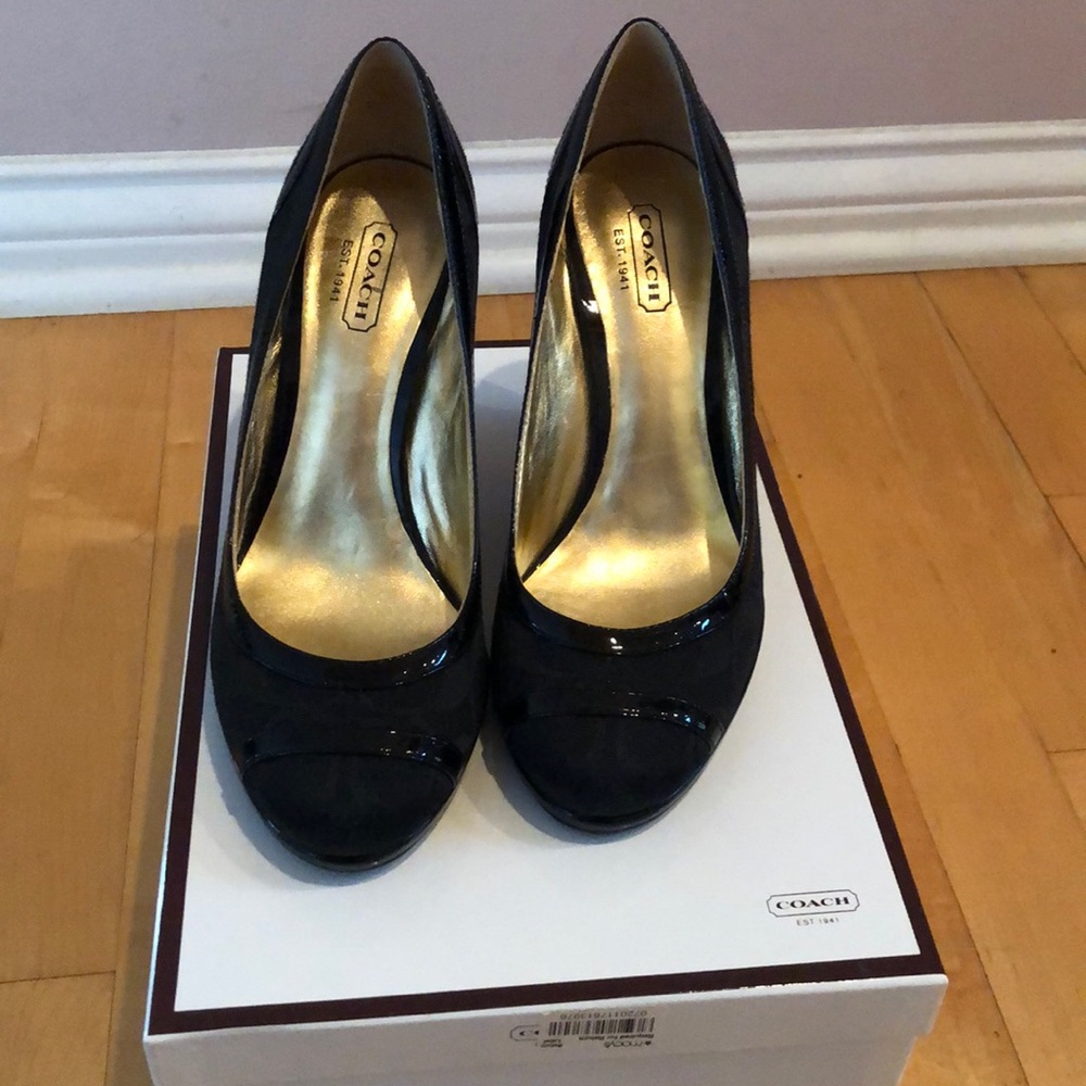 Coach black patent leather wedge heels
